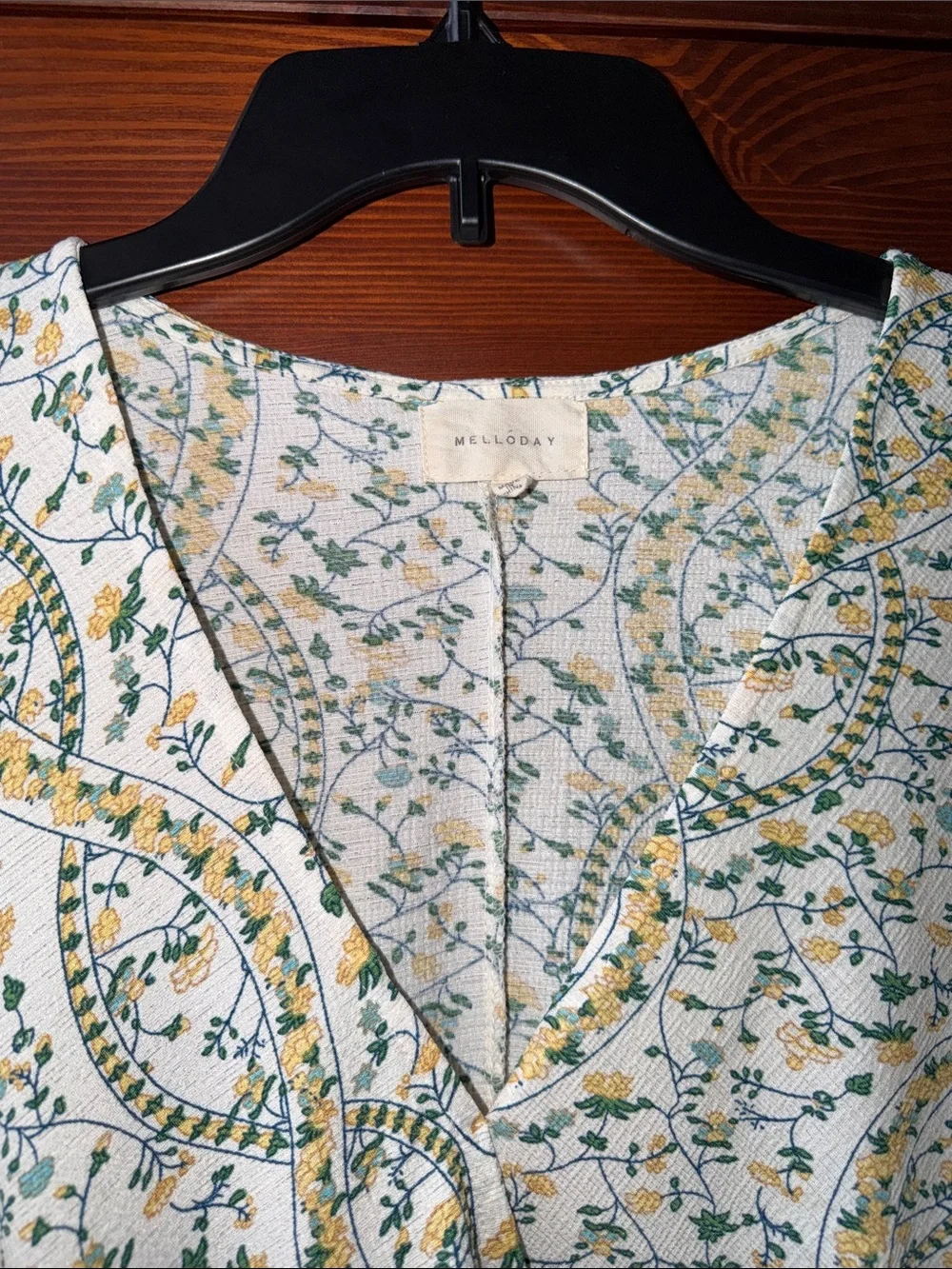 MELLODAY Floral Smocked Waist Blouse Green Yellow Floral Large